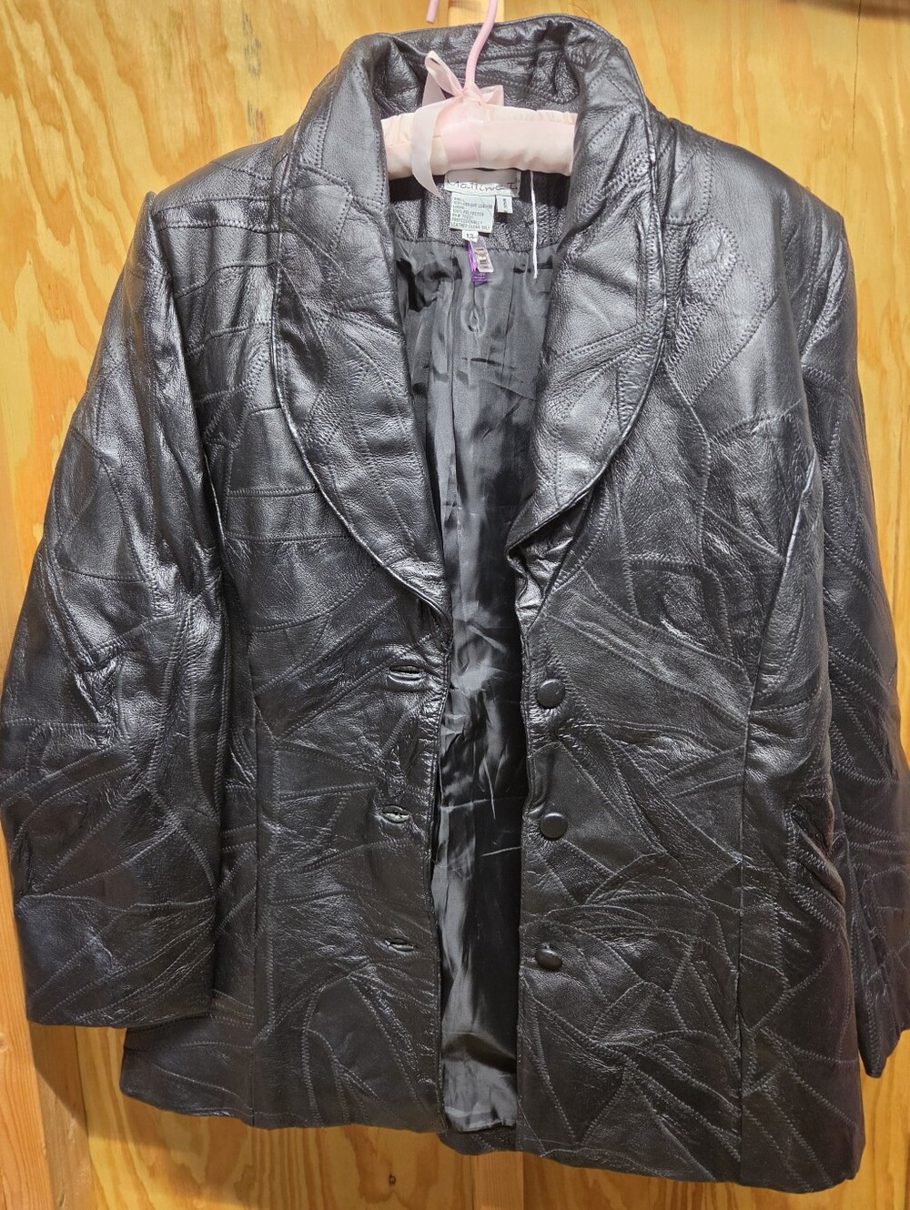 Mattina T. Vintage Black Patchwork Genuine Leather Jacket Coat Size 12